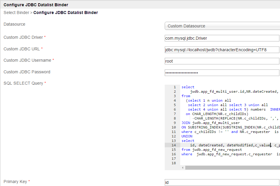 Configure JDBC Datalist Binder